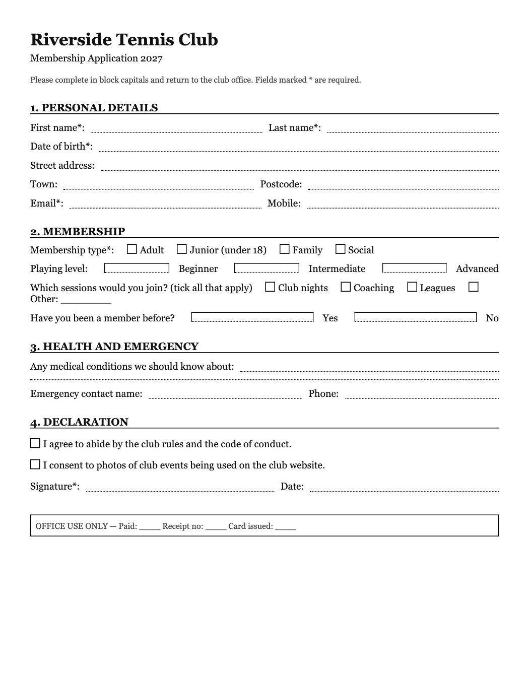 A paper membership form for a tennis club, with lines to write on and tick boxes